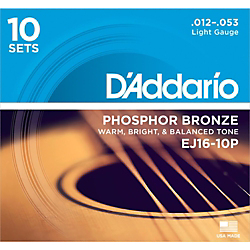 D'Addario EJ16-10P Phosphor Bronze Light Acoustic Guitar Strings (10-Pack) Standard
